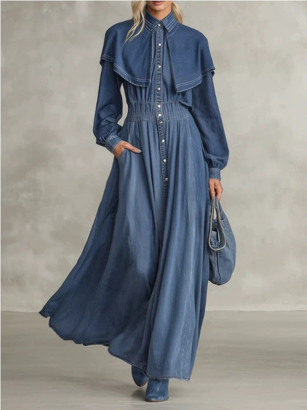 FOREVER 21 Casual Retro Long Sleeve Denim Maxi Dress